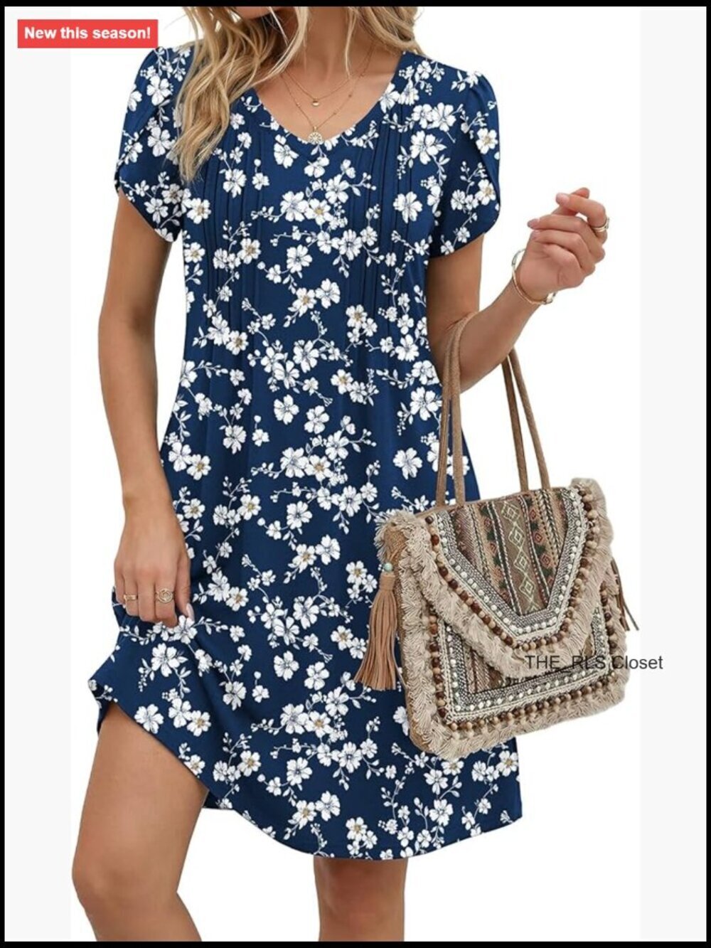 V Neck A Line Summer Dress Casual Floral Pleated Boho Sundress